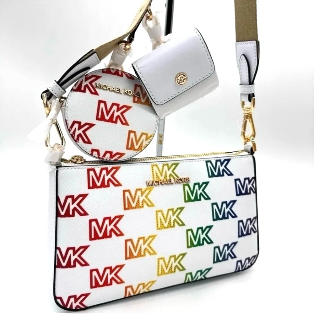 Michael Kors Jet Set Price Medium Crossbody W Tech Accessories Rainbow MK Logo - Picture 1 of 12